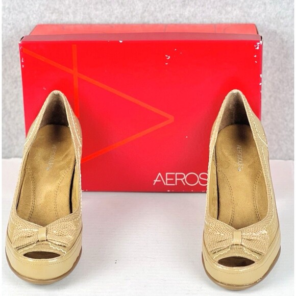Aerosoles Bentwood Shoes Womens 8.5M Tan Lizard Bowtie Open Toe Heels Workwear - Picture 4 of 12